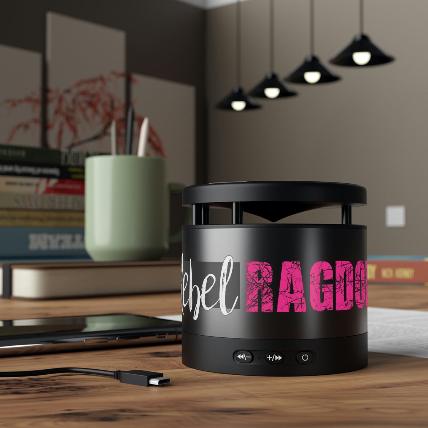 Rebel Ragdoll Metal Bluetooth Speaker and Wireless Charging Pad (Black & Pink)